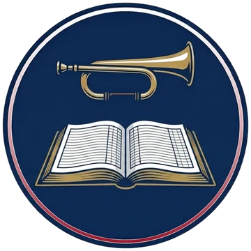 Bugle & Ledger badge: a brass bugle above an open ledger